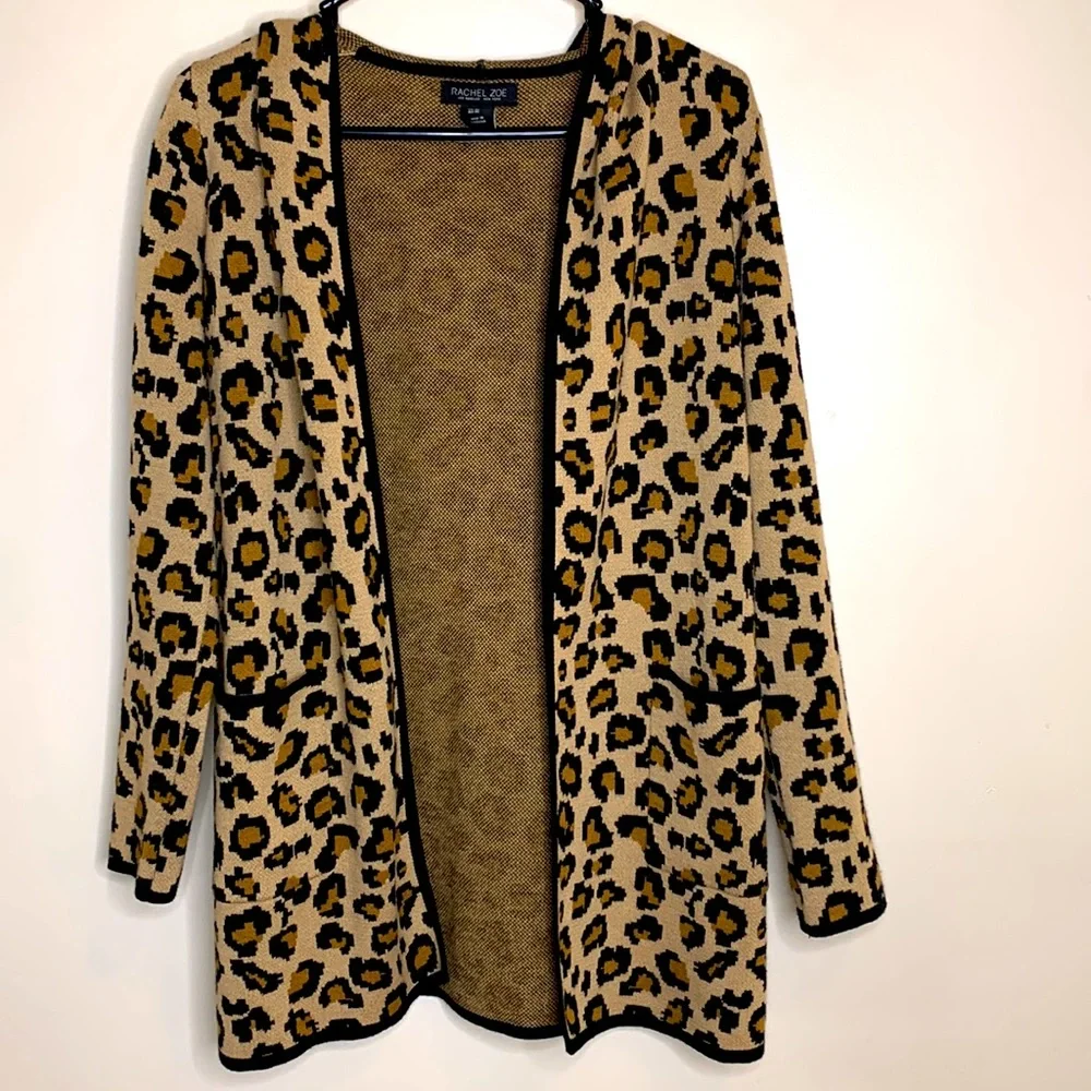 Rachel Zoe | Animal Print Knit Pocket Long Sleeve Hoodie Cardigan Size XS Coat - Picture 1 of 10